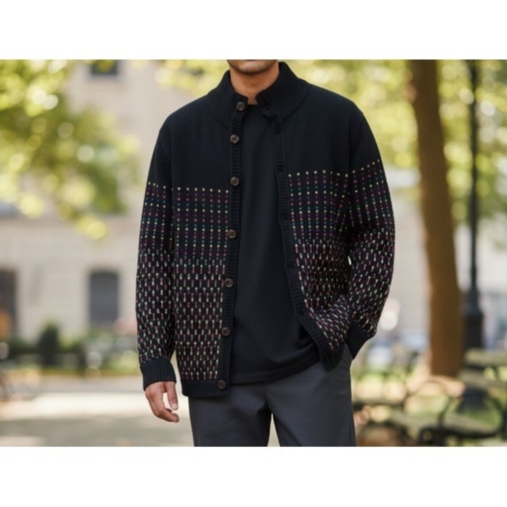 Vtg Lacoste Wool Cardigan Mens L Black Geometric Grid Grandpacore Preppy